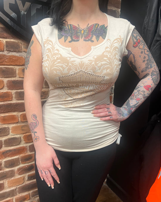 Haut à manches courtes à paillettes crème « Mind Boost » Harley Davidson pour femme HT4846OAT