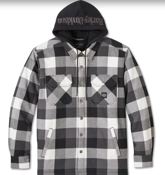 Authentique veste-chemise Harley-Davidson Traveler à capuche, à carreaux noirs et gris, référence 96134-25VM