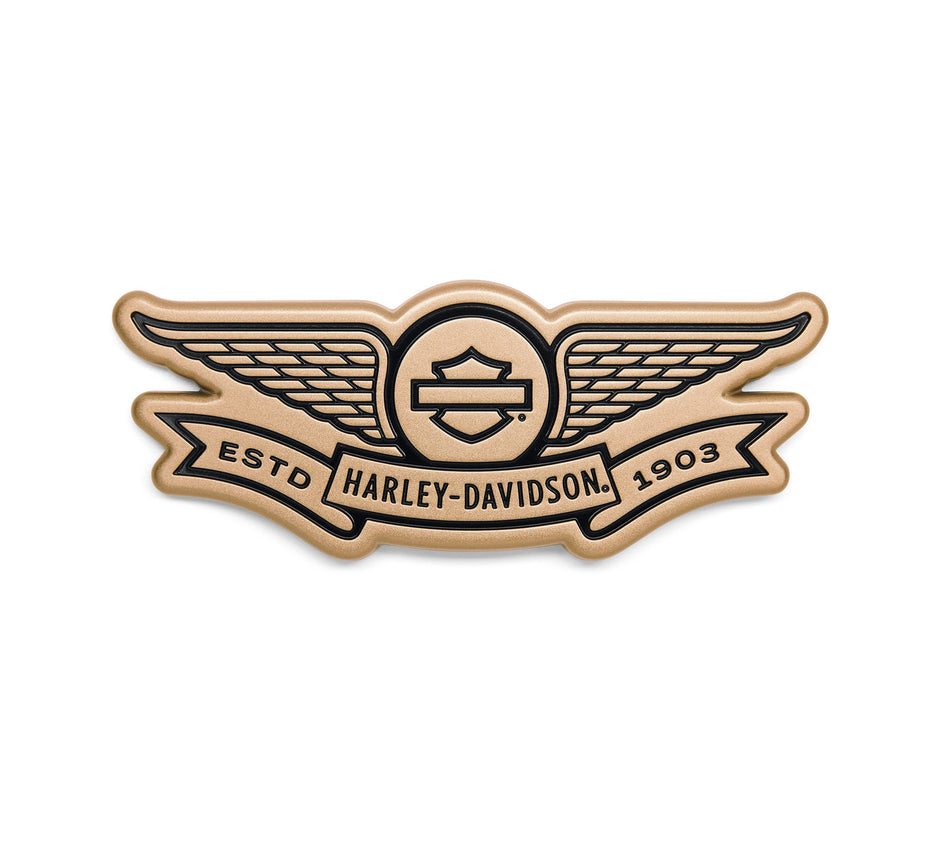 Harley Davidson 14101835 MÉDAILLON décoratif avec barre et bouclier ailés dorés, BARRE ET BOUCLIER, AILE OR