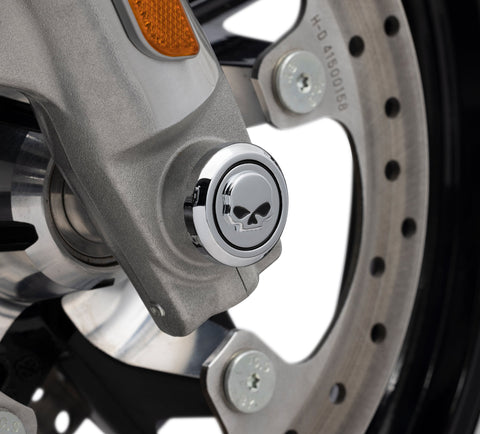 Harley Davidson 43000318 Willie G Skull Kit de cache-écrous d'essieu avant, essieu, écrou, CVR, FR, crâne, chrome