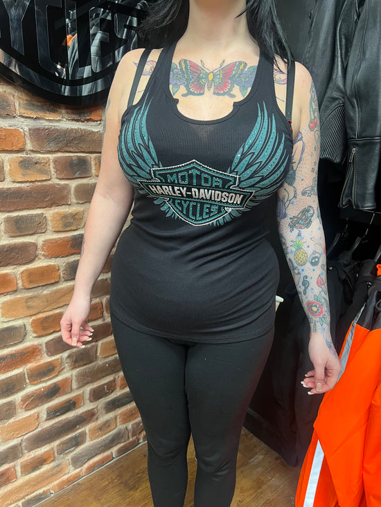 Sweat-shirt Harley Davidson « Brushed Wings » à col rond pour femme, noir scintillant HT4851BLK