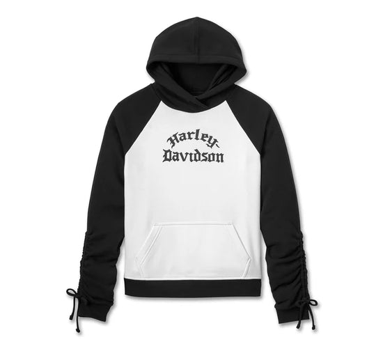 Sweat à capuche raglan Harley-Davidson® authentique pour femme, motif Wild Cat Bar &amp; Shield - Colorblock - Cloud Dancer et Harley Black 96158-25VW