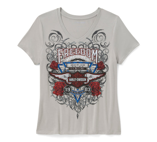 T-shirt à manches courtes Harley-Davidson 96363-26VW pour femme, motif bling-bling Highway Rider, gris fantôme