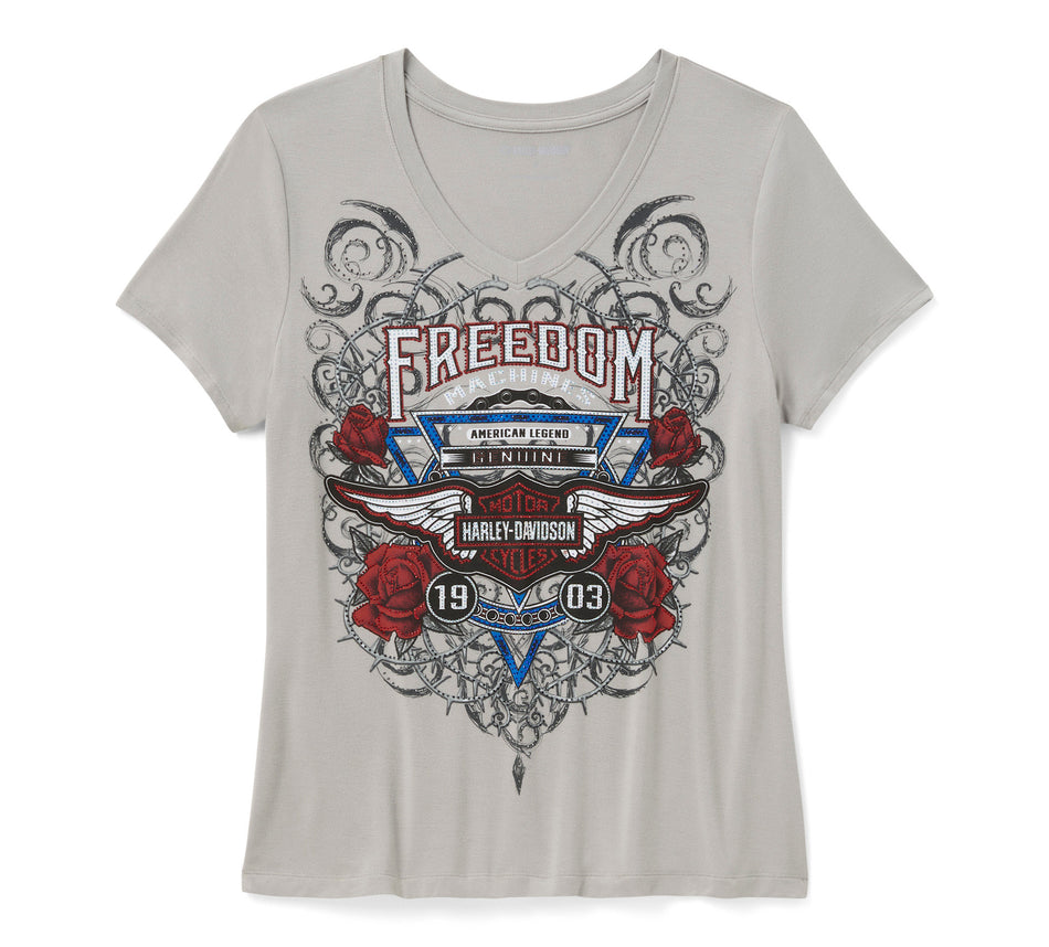 T-shirt à manches courtes Harley-Davidson 96363-26VW pour femme, motif bling-bling Highway Rider, gris fantôme