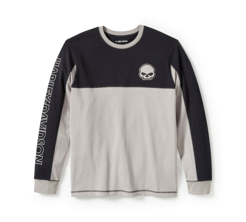 T-shirt à manches longues Harley-Davidson® authentique pour homme, motif tête de mort Willie G, colorblock - Noir Harley et gris fantôme 96372-25VM