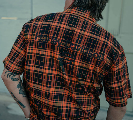 Chemise à carreaux à manches courtes Harley Davidson HD® TECH Coolmax® pour homme, coloris noir et orange, référence 96513-25VM