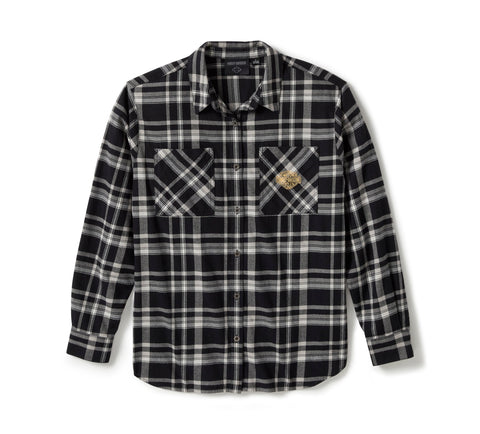 Genuine Harley-Davidson® Women's Patch Woven Long Sleeve Shirt - Plaid - Harley Black & Ghost Gray 96556-25VW