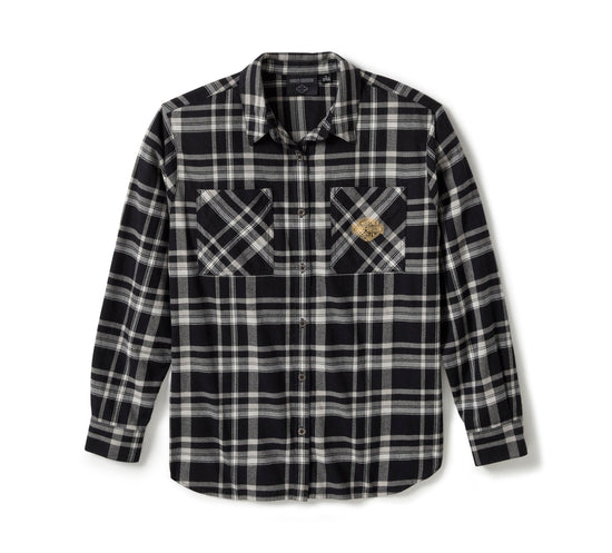 Chemise à manches longues tissée à écusson Harley-Davidson® authentique pour femme - Carreaux - Noir Harley et Gris Fantôme 96556-25VW