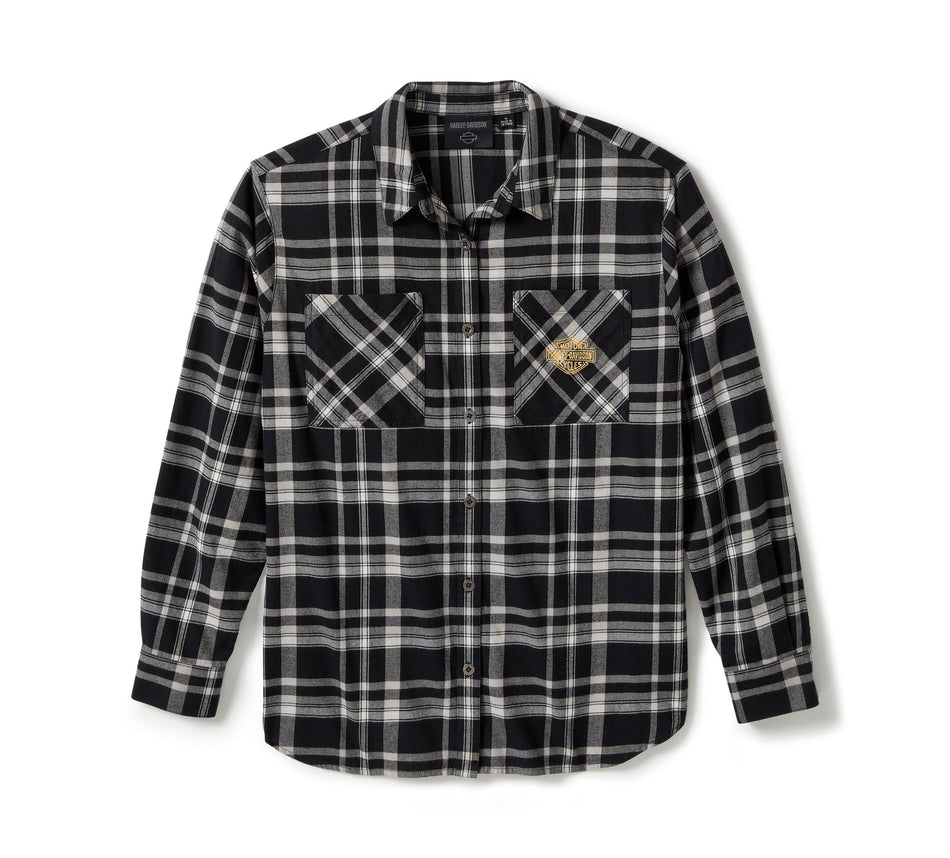 Chemise à manches longues tissée à écusson Harley-Davidson® authentique pour femme - Carreaux - Noir Harley et Gris Fantôme 96556-25VW