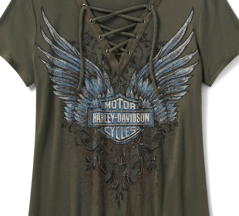 Harley Davidson 96632-25VW T-shirt vert femme à lacets Bling Dark Angel