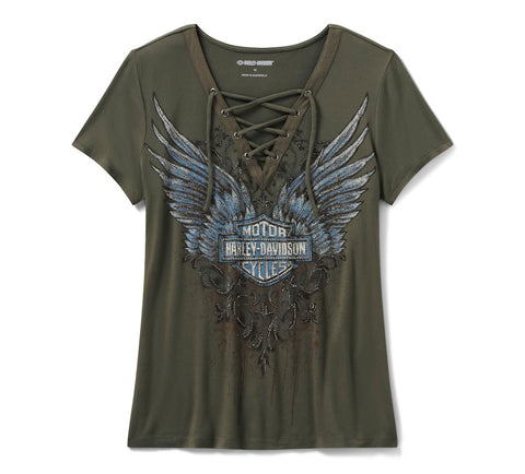 Harley Davidson 96632-25VW T-shirt vert femme à lacets Bling Dark Angel
