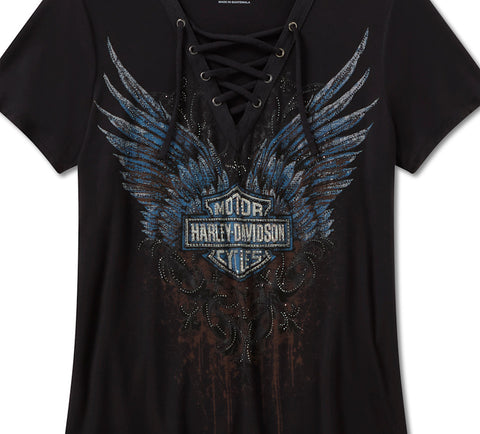 T-shirt à lacets pour femme Harley Davidson 96633-25VW Bling Dark Angel - NOIR