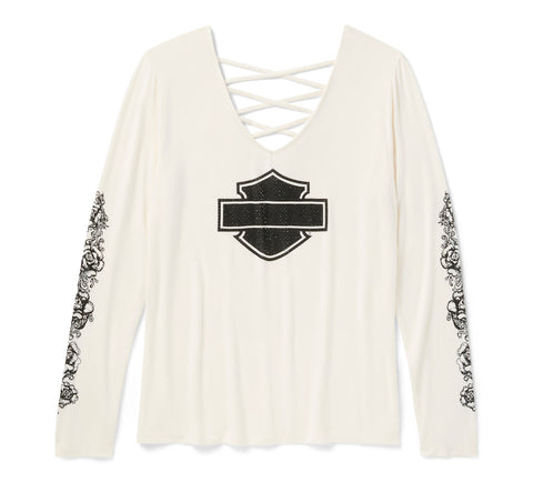 Harley Davidson 96643-25VW Women's CREAM/WHITE Bling Chrome & Roses Long Sleeve Laced V Neck