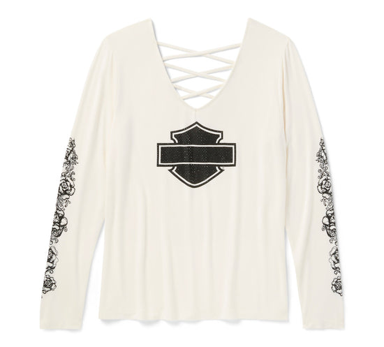 T-shirt Harley Davidson 96643-25VW pour femme, couleur crème/blanc, orné de chrome et de roses, manches longues et col en V lacé.