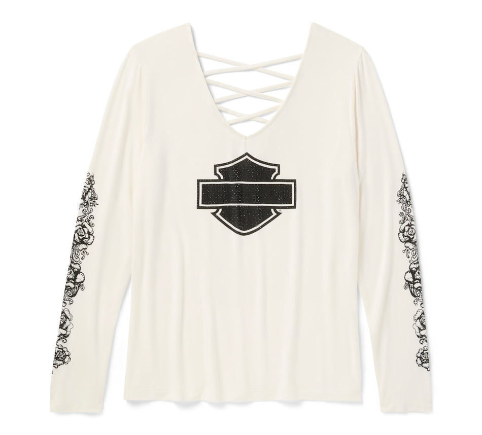 T-shirt Harley Davidson 96643-25VW pour femme, couleur crème/blanc, orné de chrome et de roses, manches longues et col en V lacé.