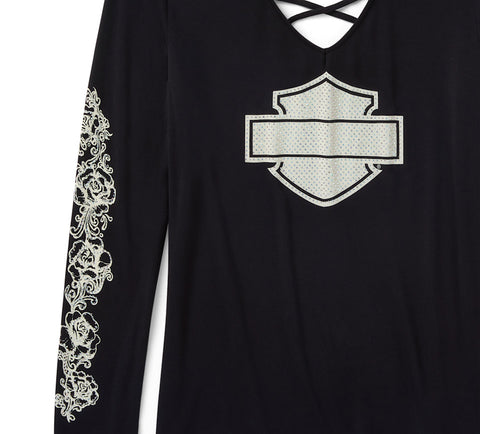 T-shirt à manches longues et col en V lacé pour femme Harley Davidson 96644-25VW NOIR, orné de chrome et de roses - Harley Black