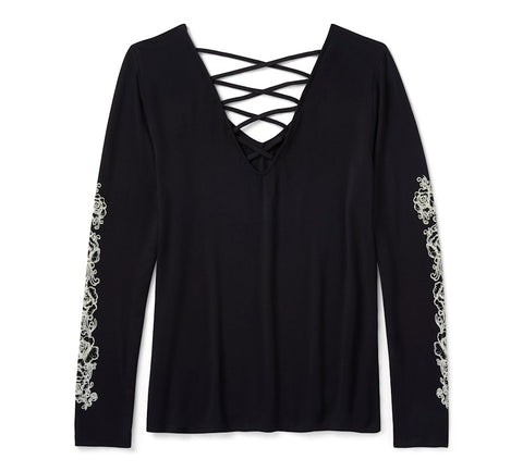 T-shirt à manches longues et col en V lacé pour femme Harley Davidson 96644-25VW NOIR, orné de chrome et de roses - Harley Black