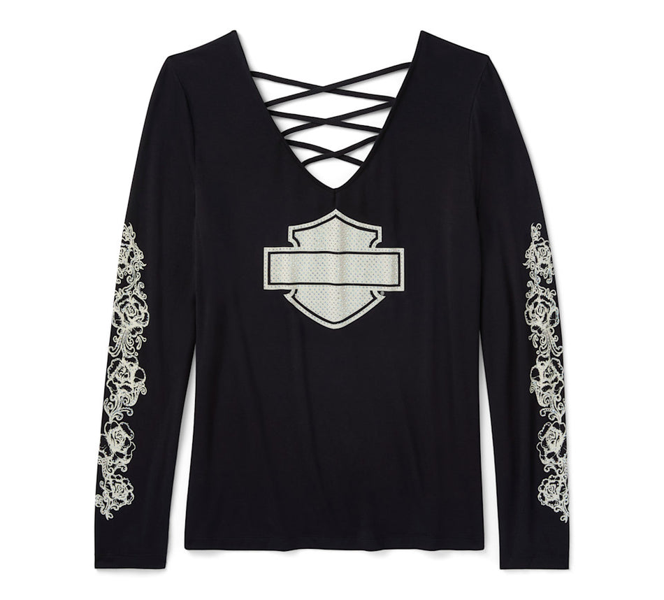 T-shirt à manches longues et col en V lacé pour femme Harley Davidson 96644-25VW NOIR, orné de chrome et de roses - Harley Black