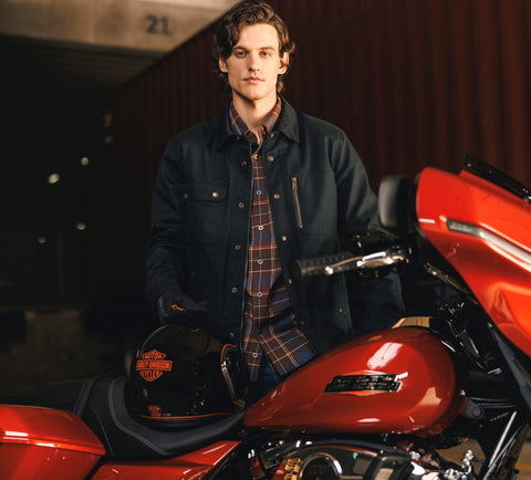 Harley Davidson Men's Racer Font Yarn Dyed Plaid Shirt - Plaid - Mood Indigo & Coffee 96804-25VM