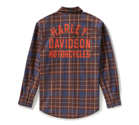 Harley Davidson Men's Racer Font Yarn Dyed Plaid Shirt - Plaid - Mood Indigo & Coffee 96804-25VM