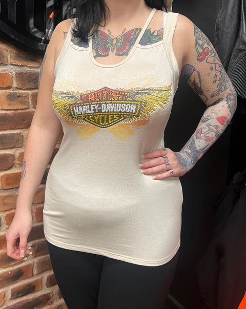 Gilet à paillettes crème à col carré « Winged Roses » Harley Davidson HT4855OAT