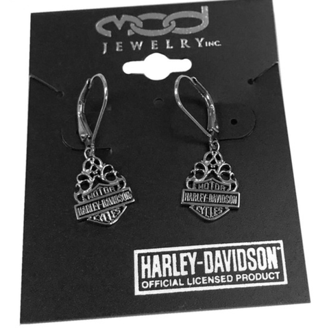 Boucles d'oreilles pendantes Harley-Davidson® pour femmes avec barre et bouclier en filigrane argenté HDE0258