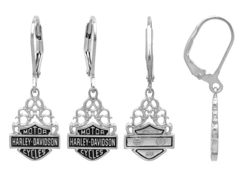 Boucles d'oreilles pendantes Harley-Davidson® pour femmes avec barre et bouclier en filigrane argenté HDE0258